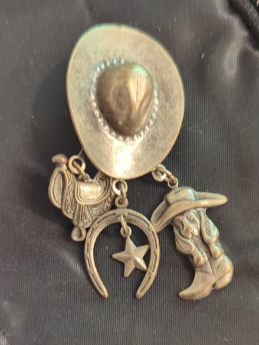 Vintage Brooch - Cowboy Hat W/ Western Charms Dangle Spurs Dog Silver Tone Metal